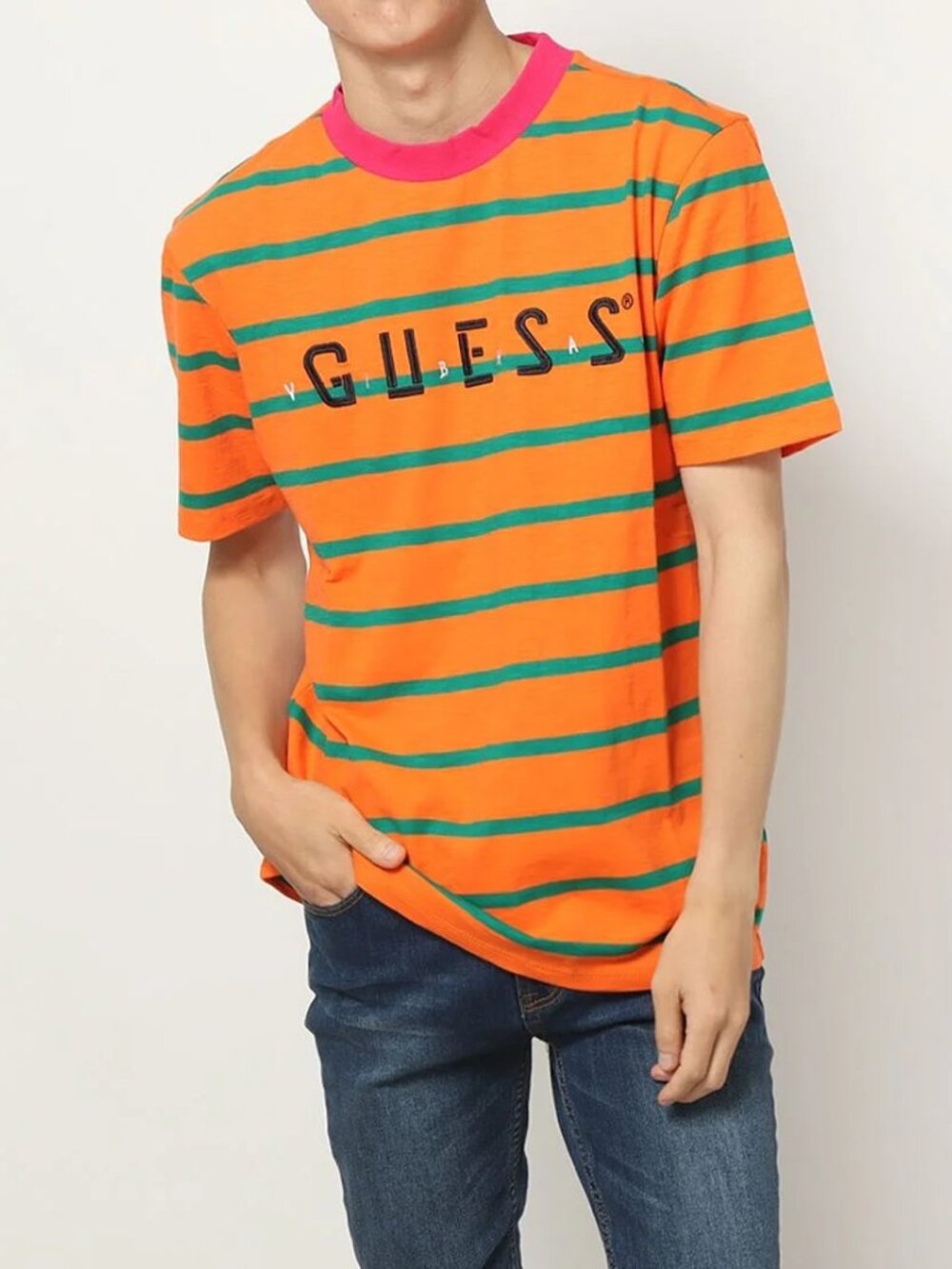 Guess x J Balvin Striped Logo Tee Shirt Vibras Concert Tour Orange Green Size XL